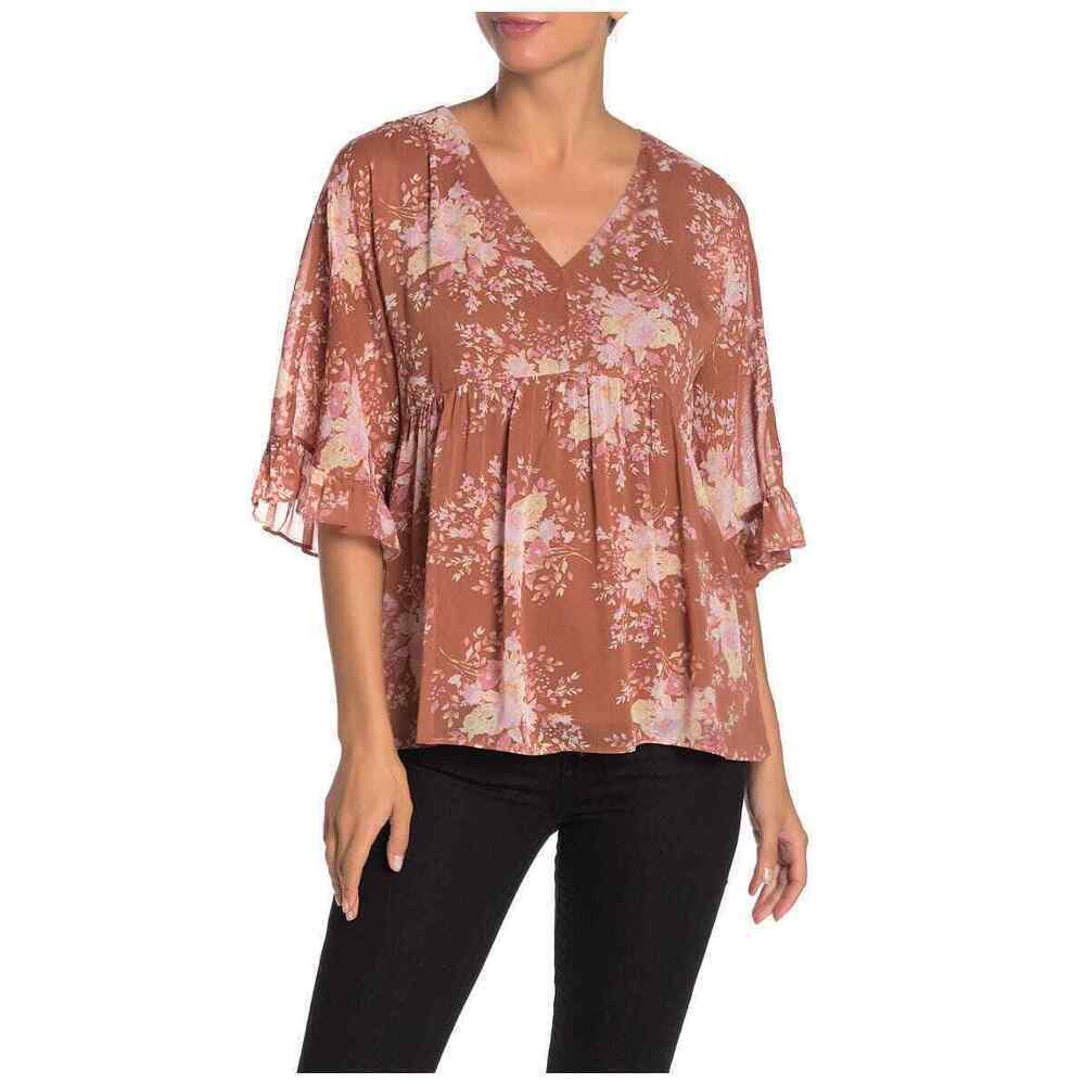 DR2 By Daniel Rainn Chiffon Babydoll Blouse Brown Floral Print Size XS
